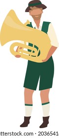 Man in lederhosen playing tuba semi flat color vector character. Full body person on white. Traditional Oktoberfest music isolated modern cartoon style illustration for graphic design and animation