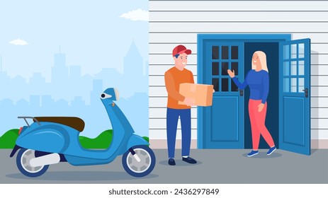 Man left cardboard boxes with goods near house facade. Courier character holds parcel. Carton delivery packaging closed box. Free and fast shipping. Vector illustration in flat style