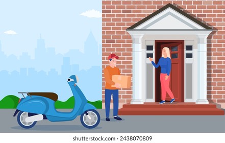 Man left cardboard boxes with goods near house facade. Courier character holds parcel. Carton delivery packaging closed box. Free and fast shipping. Vector illustration in flat style