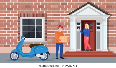 Man left cardboard boxes with goods near house facade. Courier character holds parcel. Carton delivery packaging closed box. Free and fast shipping. Vector illustration in flat style