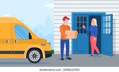 Man left cardboard boxes with goods near house facade. Courier character holds parcel. Carton delivery packaging closed box. Free and fast shipping. Vector illustration in flat style