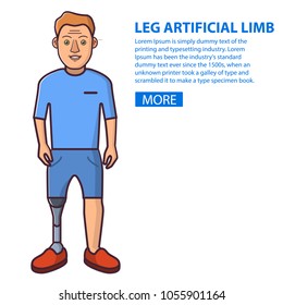 Man with a leg artificial limb.Young Person sport prostheses. Cartoon character flat line art vector. Isolated on white.The guy who has overcome disability.
