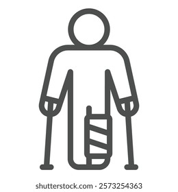 Man with leg injury bandage line icon, human rescue concept. Vector graphics. Human on walking cane, help crutches sign on white background, outline style icon for mobile or web design