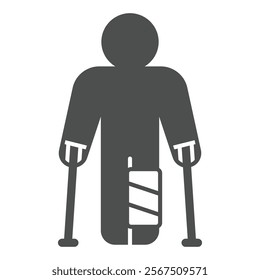 Man with leg injury bandage solid icon, human rescue concept. Vector graphics. Human on walking cane, help crutches sign on white background, glyph style icon for mobile or web design