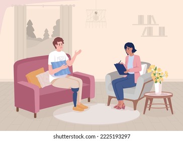 Man with leg prosthesis at psychotherapy flat color vector illustration. Disabled patients support . Recovery program. Fully editable 2D simple cartoon interior with psychologist office on background