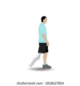 Man with leg prothesis walking isolated on white background. Prosthesis leg, walking disabled, person prosthetic artificial foot. Vector full-fledged boy step illustration