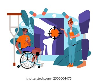 Man with leg surgery. Young guy in wheelchair near girl in medical uniform next to Xray. Healthcare and medicine. Diagnosis and treatment. Flat vector illustration isolated on white background