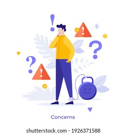 Man With Legcuffs Tied To Kettlebell, Exclamation Marks And Interrogation Points. Concept Of Concern, Anxiety, Worry, Warning, Disturbance, Problem Solving. Modern Flat Colorful Vector Illustration.