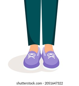 Man legs in sneakers and pants on an isolated background. Vector illustration of bright shoes. Flat design. Purple Sneakers