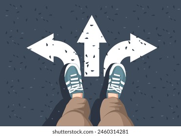  man legs in sneakers standing on road with three direction arrow choices, left, right or move forward, Flat vector. 