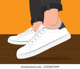 Piernas de hombre con zapatillas de deporte zapatos de Vector. Hombre, calzado, Vector, pie, moda, ilustración, deporte, diseño, zapatillas de deporte, de moda, zapatos, dibujos animados. Puede utilizar para la infografía, el Anuncio, el cartel, el Diseño web.