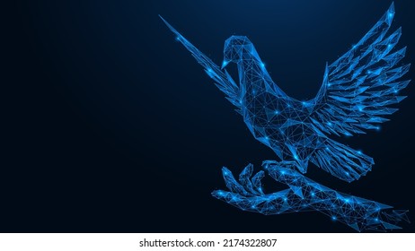 Man lets a bird loose. The pigeon takes off from the hand. Day of Peace. Low-poly design of interconnected lines and dots. Free space for information. Blue background.