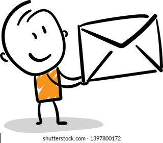 Man with the letter message. hand drawn doodle line art cartoon design character - isolated vector illustration outline