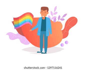 Man with a LGBT flag 
Vector. Cartoon. Isolated art on white background. Flat