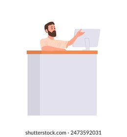 Man librarian cartoon character working at desk with computer isolated on white background