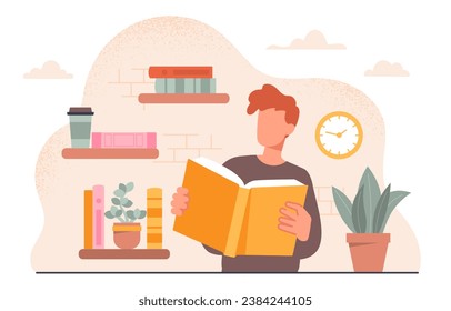 Man in library concept. Young guy with textbook or fiction. Student with open book. Education, learning and training. Person in university or school. Cartoon flat vector illustration