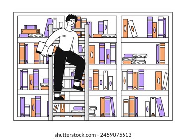 Hombre en Biblioteca simple. Joven cerca de las estanterías con libros de texto y ficción. Escena de la universidad o la escuela. Amor por la lectura y la literatura. Educación y aprendizaje. Doodle Ilustración vectorial plana