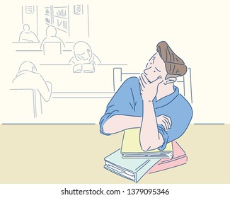 A man in a library sitting in thought. hand drawn style vector design illustrations. 