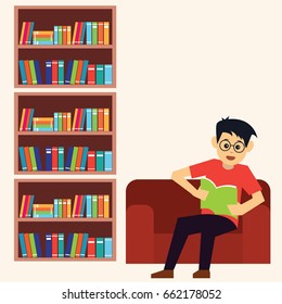 man in a library, working, reading a book. vector illustration