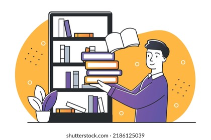 Man at library. Young guy with stack of books, education and self development. Love for literature and useful hobbies, student preparing for test or examination. Cartoon flat vector illustration