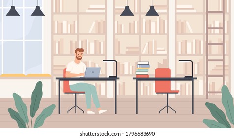 Man in library. Young man in public library interior with bookshelves, desks and laptop, bibliophile reads books flat vector concept. Male student sitting with computer and studying