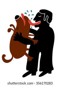 man licking his dog while holding it in her arms