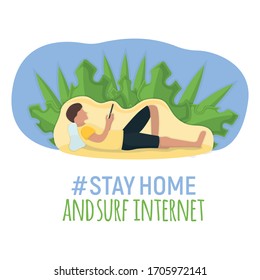 El hombre yace en el suelo con la tableta gadget en los brazos, concepto permanecer en casa, el caracter masculino descansa, relajarse. Aislado en la ilustración vectorial plana y blanca. almohada de persona, durmiendo en el suelo. Relajación después del duro día de trabajo.