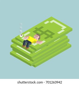 Man lie on giant dollars, isometric cubes composition. Financial success, excellent investment, savings, deposit. Vector illustration
