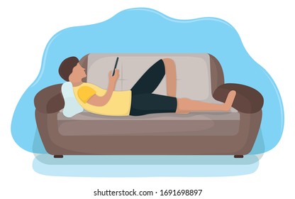 Man lie on sofa with gadget tablet in arms, male character rest, relax. Isolated on white, flat vector illustration. Person with pillow, sleeping on sofa. Relaxation after hard work day.