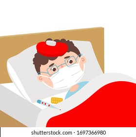 A man lies in a bed with a fever and cold symptoms. Vector illustration isolated on white background.