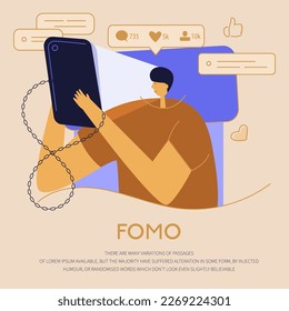 The man lies in bed, holds smartphone and  watches in internet news, stories, video. He online chatting, talk in virtual social network. The user has got phone addiction, FOMO, device bad habit. 