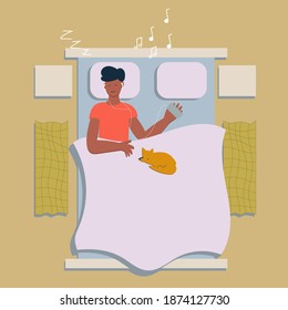 A man lies in bed and listens to music, music before going to bed, vector flat illustration