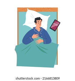 Man Lies In Bed And Suffers From Insomnia. Man Lies In Bed Awake And Has Trouble Sleeping, Flat Cartoon Vector Illustration Isolated On White Background.