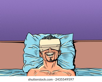 A man lies in bed with a VR device. Potential health hazards from new technologies. Future ability to spend free time in new ways. Comic cartoon pop art retro vector illustration hand drawing.