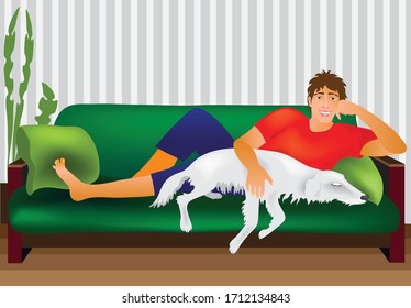 A man lies with a dog on the couch