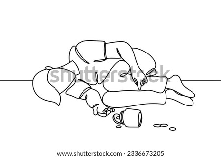 A man lies down due to a drug overdose. The fight against drugs. International Overdose Awareness Day. One line drawing for different uses. Vector illustration.