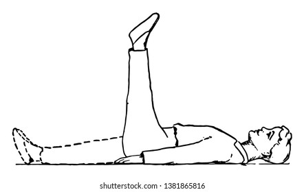 A man lies flat on backside & raising his left leg in upward direction, vintage line drawing or engraving illustration.