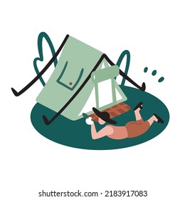 A man lies in front of a tent and eats an apple. Country rest, camping, tourism, summer camp, outdoor. Vector doodle cartoon style.