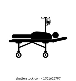 A man lies in a hospital bed with a connected dropper icon. Vector illustration of medication treatment.