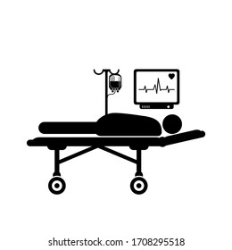 A man lies in a hospital bed with a connected dropper and heart monitor. Vector illustration of medication treatment. icon.