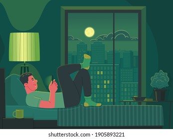 The man lies on the bed at night and looks into the smartphone. Internet surfing addiction to the phone. Long pastime for the gadget in social networks and video hosting. Vector illustration