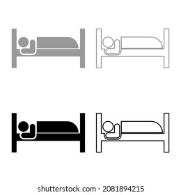 Man lies on bed sleeping concept Hotel sign set icon grey black color vector illustration image simple flat style solid fill outline contour line thin