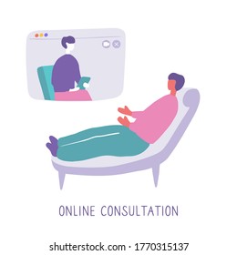 Man lies on couch and pours out his soul to psychologist through video communication. Online psychotherapy practice. Remote psychological help, psychiatrist consulting patient. Mental health care