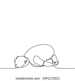 man lies on the floor in a face-down fetal position - one line drawing. the concept of frustration, finding comfort, self-practice yoga