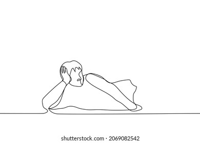 man lies on the floor props his head - one line drawing vector. the concept of procrastination, laziness, apathy, fatigue 