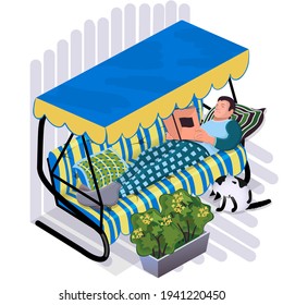 A man lies on a garden swing. A young man in home clothes is reading a book. A cat is washing next to him and a flower is growing in a flowerpot.All objects are isolated.Vector illustration.