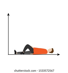 A man lies on a graph with two arrows. Flat cartoon character isolated on white background