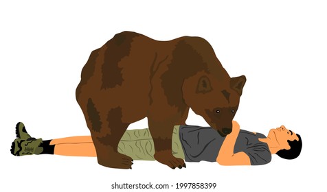 Man lies on the ground and pretends to be dead to protect himself from bear attacks vector illustration isolated on white background. Outdoor nature risk situation, boy lying down against angry beast.