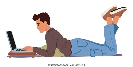 Man Lies On His Belly, Working On A Laptop With Proper Body Posture, Maintaining A Healthy And Ergonomic Position with Pillow For Enhanced Comfort And Productivity. Cartoon People Vector Illustration
