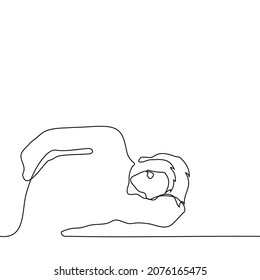 man lies on his side using his hand instead of pillow and looks at the viewer - one line drawing vector. concept of procrastination, laziness, idleness